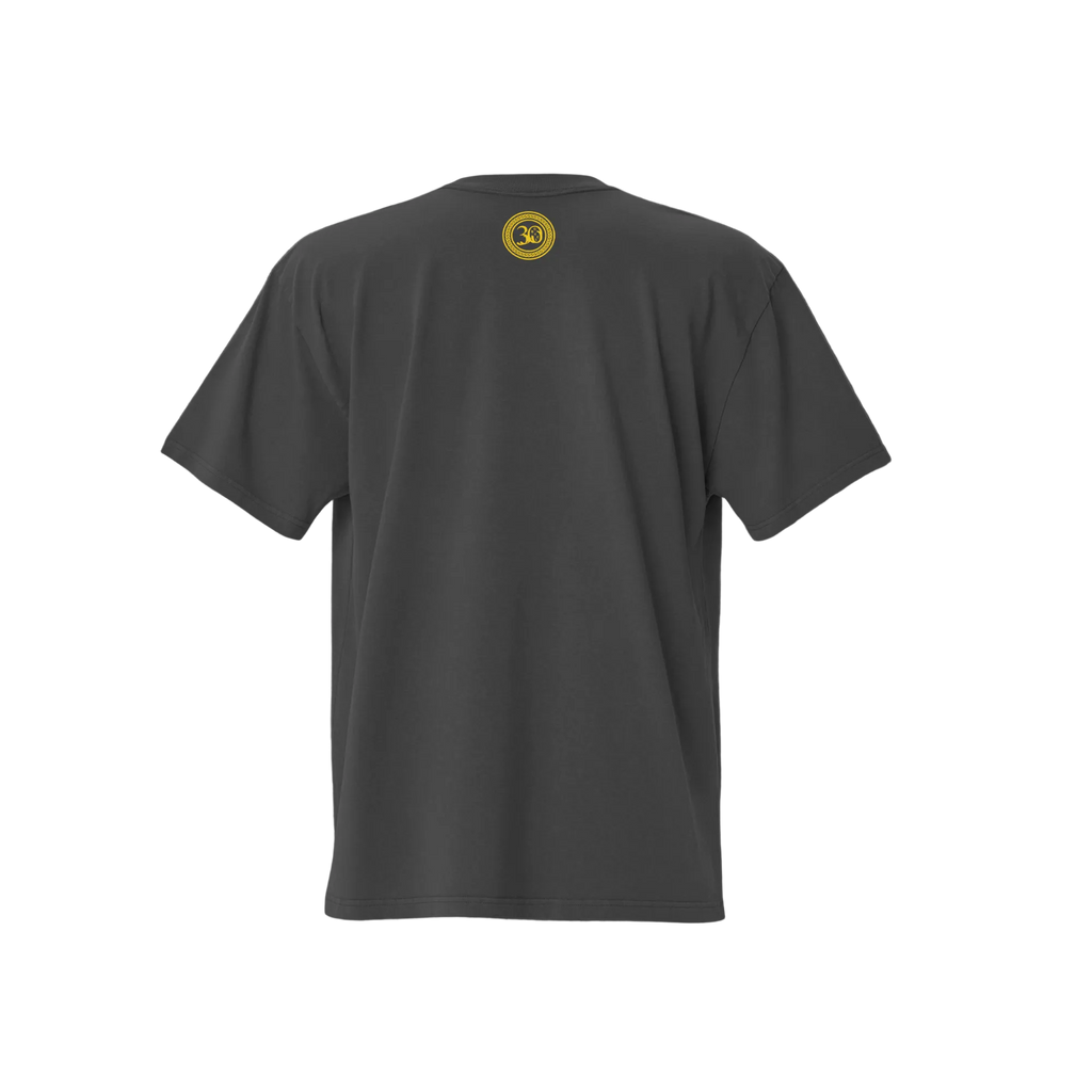 Gray t-shirt with a yellow logo on the back against a dark gray background