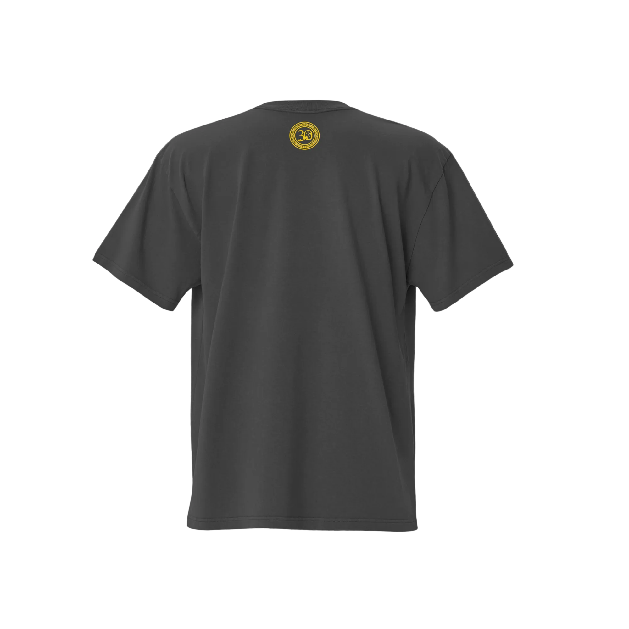 Gray t-shirt with a yellow logo on the back against a dark gray background