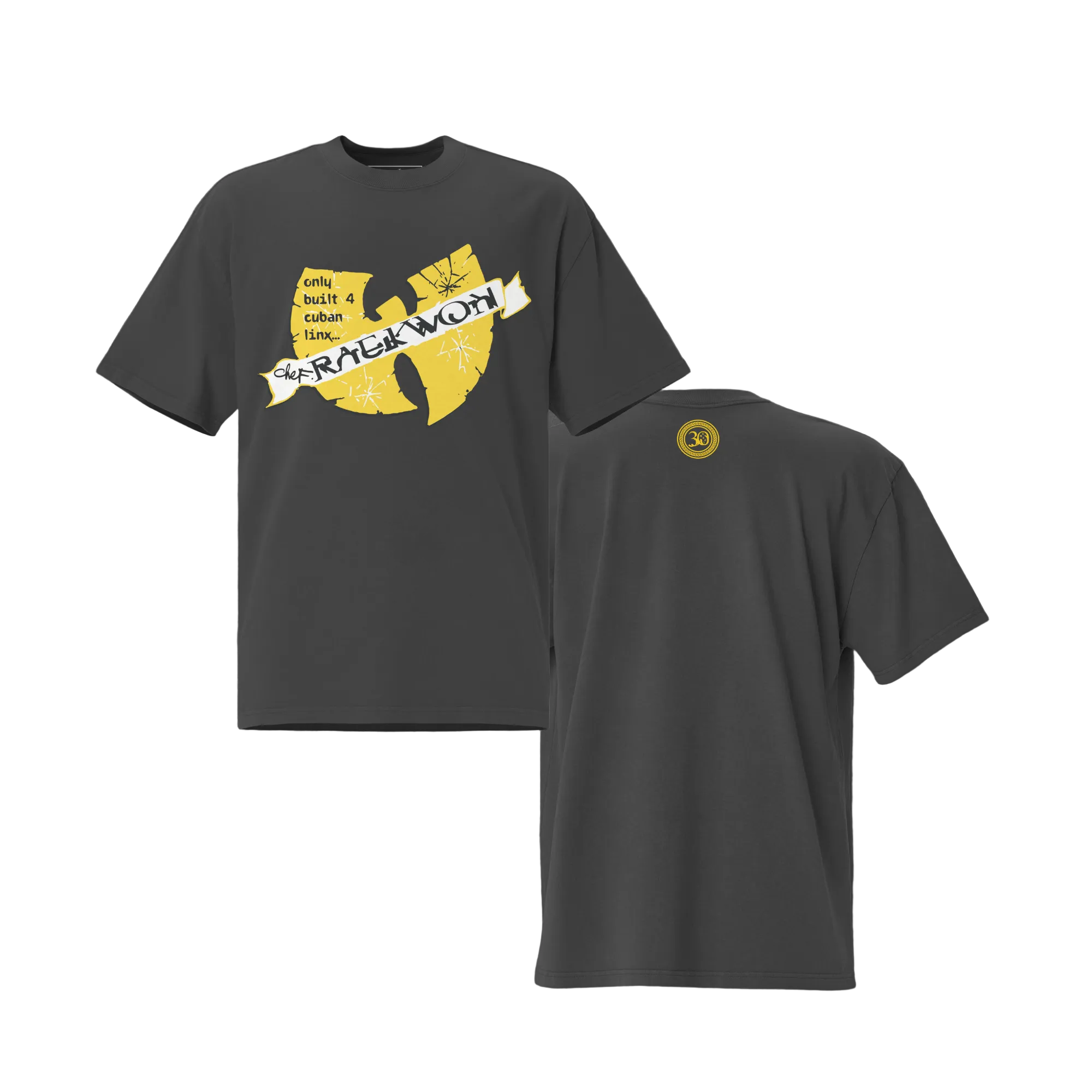 Black t-shirt with yellow graphic design on a dark gray background