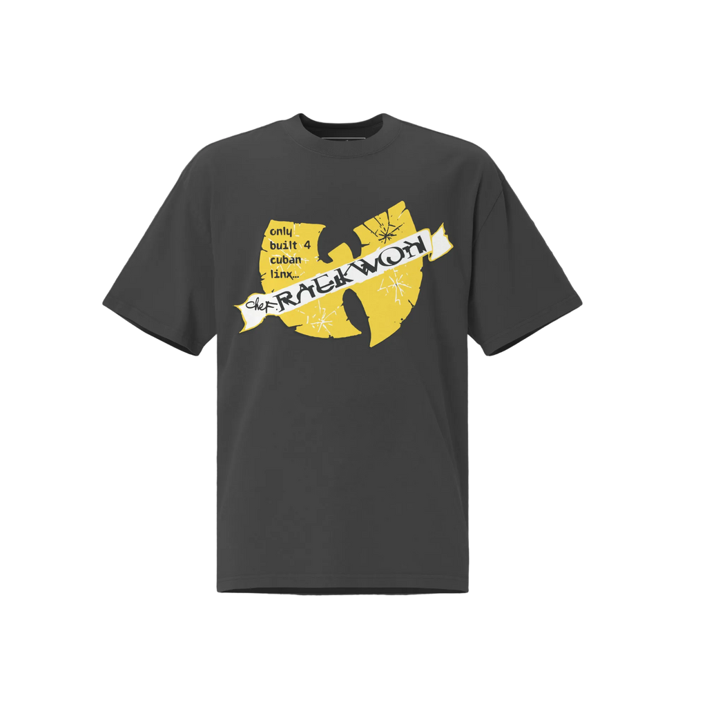 Black t-shirt with yellow graphic design on a dark gray background