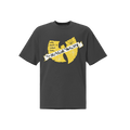 Black t-shirt with yellow graphic design on a dark gray background