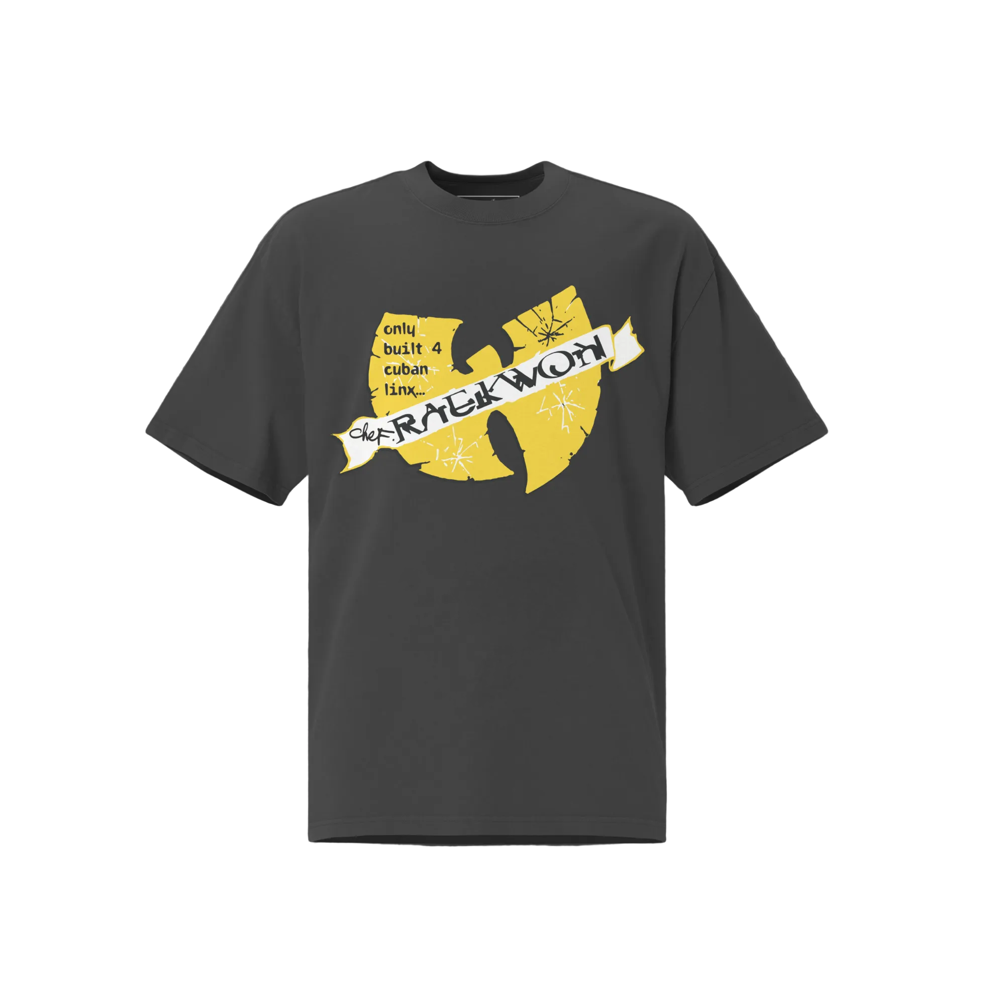Black t-shirt with yellow graphic design on a dark gray background